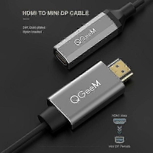 HDMI til Mini DP-adapterkabel, 4K@30Hz, Plug and Play, Kompatibel med PC og bærbar computer