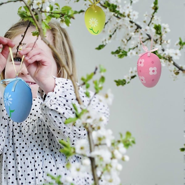 12 stk påskeegg til å henge opp, fargerike plastpåskeegg med silkebånd, dekorative påskeegg til å henge utendørs