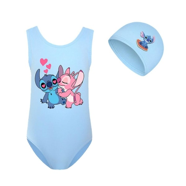 Lilo & Stitch Badedrakt for Barn Jenter Tegneserie Hel Badedrakt med Lue for Sommer Strandferie Basseng Surf Himmelsblå 9-10 År Himmelsblå Sky Blue 9-10Years