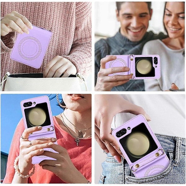 Magsafe Crossbody Læder Shockproof Etui til Samsung Galaxy Z Flip 6 med Aftagelig Rem Beige
