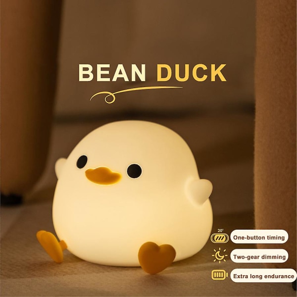 Söt Bean Duck Led nattlampa, uppladdningsbar tecknad silikon sovrumslampa, Touch Sensor Timing sänglampa för barn Present Yellow