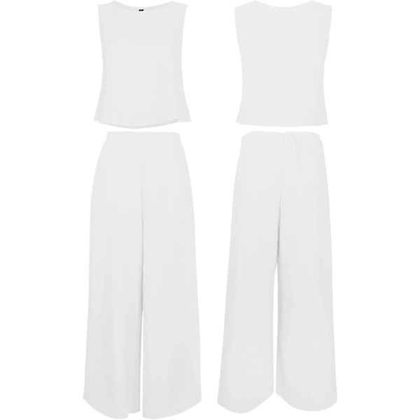 Roylamp Sommer-outfits til kvinder i 2 dele Rundhalset Crop Basic Top Beskåret Bukser med brede ben, Jumpsuits White X-Small