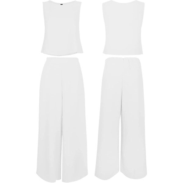 Roylamp Women's Summer 2-delade outfits Rundhalsad Crop Basic Top Beskuren Byxa Set med vida ben Jumpsuits White Medium