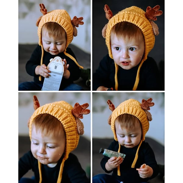 Søt Hjorte-Elg Hodeplagg Babyhatt Vinter Varmt Plysj Strikket Ørevarmer Bonnet Gutter Jenter Caps Beanie med Hakestropp Yellow One Size