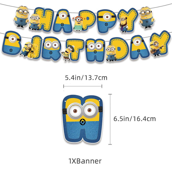 Lasten söpö sarjakuva Minionien syntymäpäiväjuhlien set sisältää Happy Birthday -bannerin, ilmapallon, kakku-/kuppikakkupäällyksen, kätyrien juhlatarvikkeita