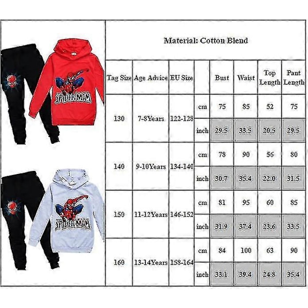 Spiderman Børne Tracksuit Sæt Trøje Med Hættetrøje Og Bukser 2 Dele Outfit Sæt Jogging Hættetrøje Sæt Til Drenge Piger Alder 7-14 År Red 9-10Years