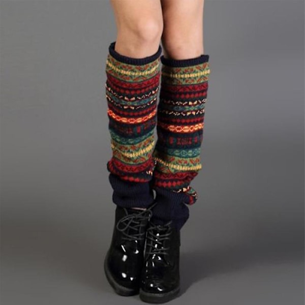 Kvinners Boho Leg Warmers Vinter Høy Kne Strømper Heklet Strikket Lang Strømpe Navy Blue