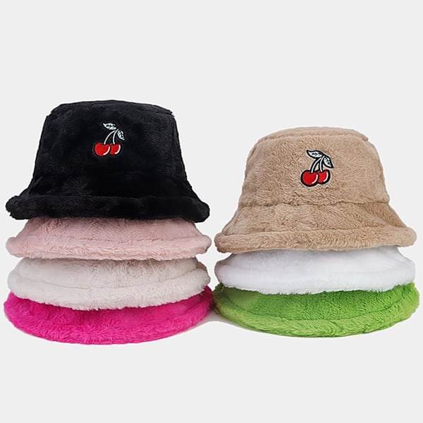 Fuzzy Bucket Hat til Kvinder og Mænd - Plysset, Sød Bucket Hat til Vinter - Varmt, Fluffy Fiskerhat - Sjove Sherpa Hatte Cherry-a-khaki