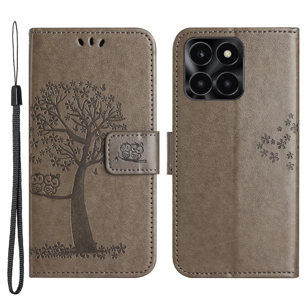 For Honor X6a 4g Owl Tree painettu Pu-nahkainen case Täysin suojattu puhelimen cover Grey