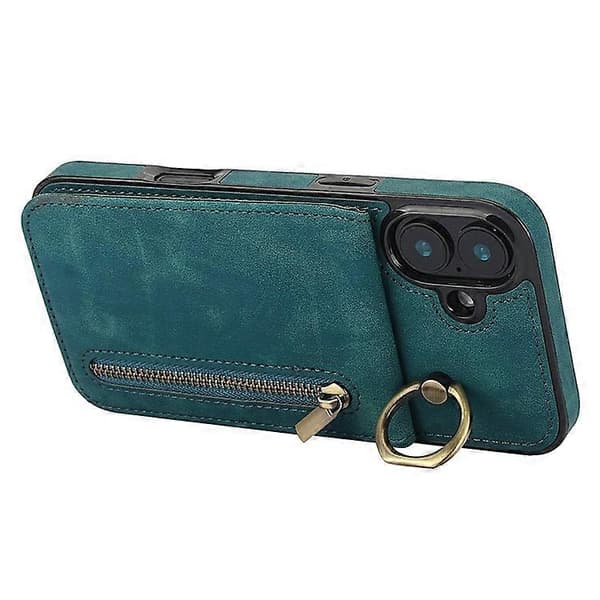 Kompatibel med iPhone 16 Plus-deksel RFID-ringstativ Retro skinn+TPU Anti-fall telefondeksel Blue