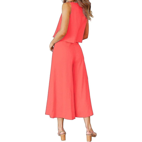 Roylamp Sommer-outfits til kvinder i 2 dele Rundhalset Crop Basic Top Beskåret Bukser med brede ben, Jumpsuits Bright Orange X-Small