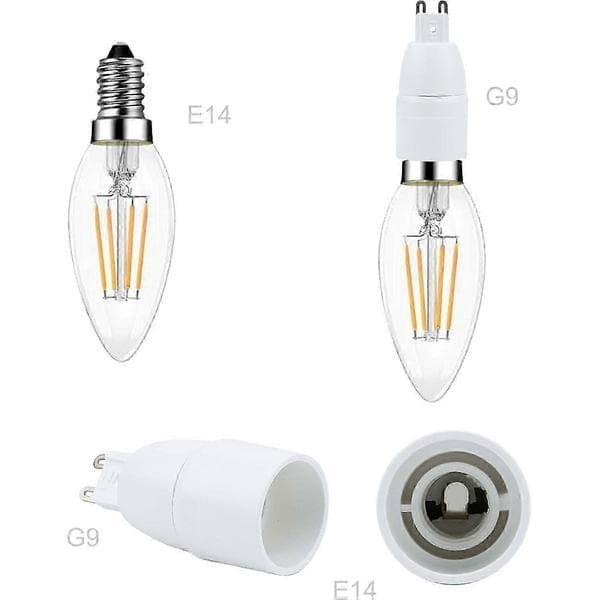 Sett med 4 hvite G9 til E14 lampefatningsadaptere - omformere for glødelamper, LED, halogen og energisparende pærer