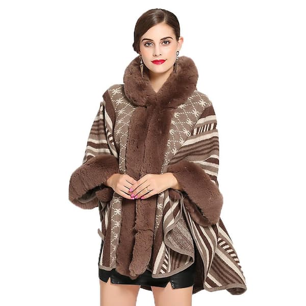 Varmt stribet mønster wraps sjaler med imiteret pels trimning hæklet cape pullover wrap til dame