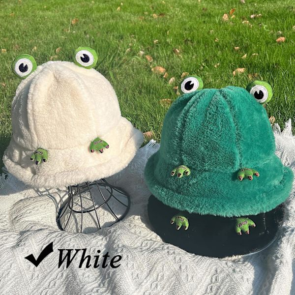 Fuzzy Bucket Hat för Kvinnor och Män - Luddig, Söt Bucket Hat för Vinter, Varm Plysch, Fiskehatt, Fluffig Sherpa, Rolig Hatt Frog-white