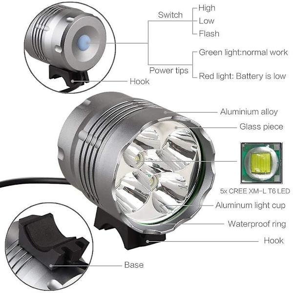 Cykellygter, 6000 lumen 5 led cykellygter, vandtæt mountainbike forlygte med 6400 mah genopladeligt batteri, 3 tilstande frontlygte