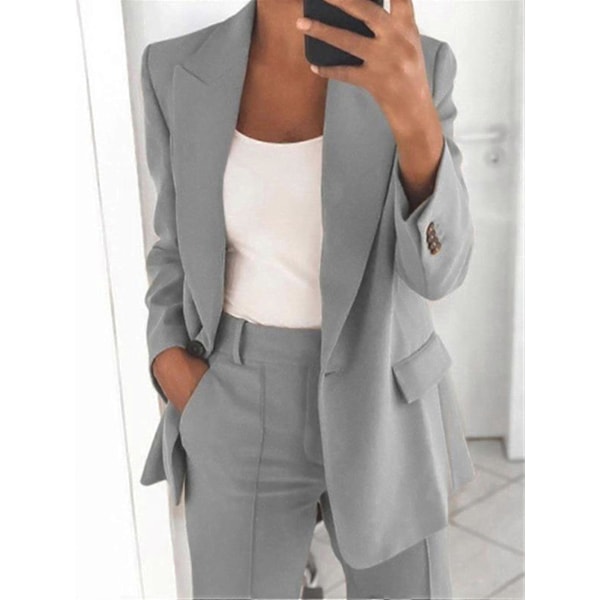 Naisten 2-osainen asu, Blazer-setti, Elegantti Liike- ja Työasu, Vintage Klassikko, Yksivärinen, Ryppyinen Hiha, Auki Edestä, Puku Takki ja Suorat Housut M Gray