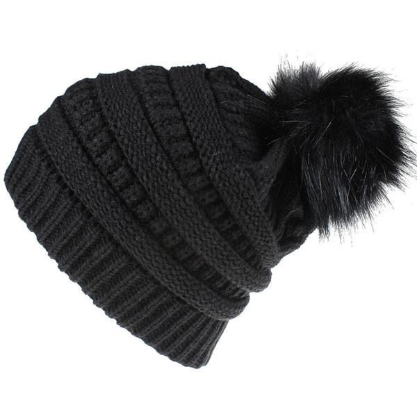 Fasjonable retro hodeplagg dame ensfarget ullball strikket lue black