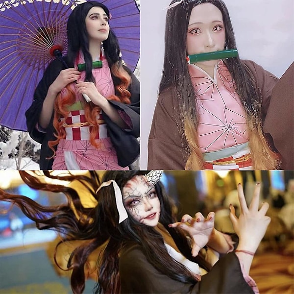 Demon Slayer Kamado Nezuko Cosplay Paryk Anime Lang Bølget Orange Og Sort Syntetisk Hår Parykker Halloween Fest Kostume Tilbehør