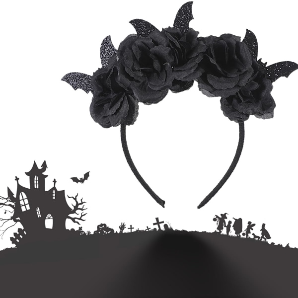 Halloween-Hårband Svart Ros Fladdermöss Hårband för Kvinnor Gotisk Blomma Hårtillbehör Huvudbonad Hårring Huvudband Black