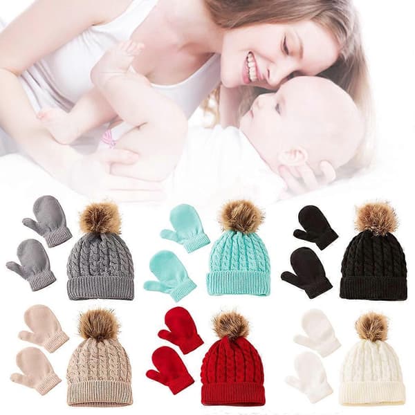 Vintervarm Baby Enfärgad Mössa Handskar Set Pälsboll Mössa Vantar Kit Barn Flickor Pojkar Stickad Kantmössa Vit White
