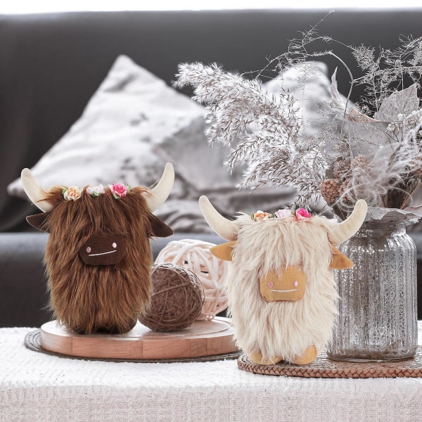 Plys dukke yndig Highland Cow Gnome Doll Ornament med kunstige blomster til husindretning White