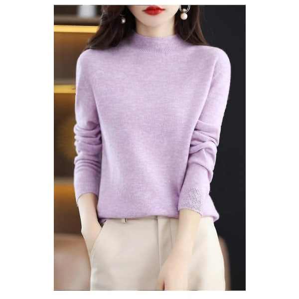 Cashmere tröja för kvinnor 100 % Cashmere Lätt långärmad stickad tröja med rund hals Jacquard purple L