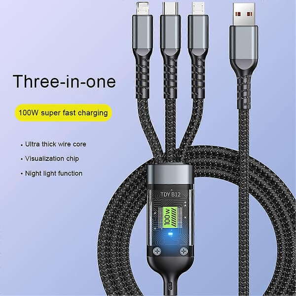 Multi USB-kabel - 100W hurtiglading i nylon for alle telefoner