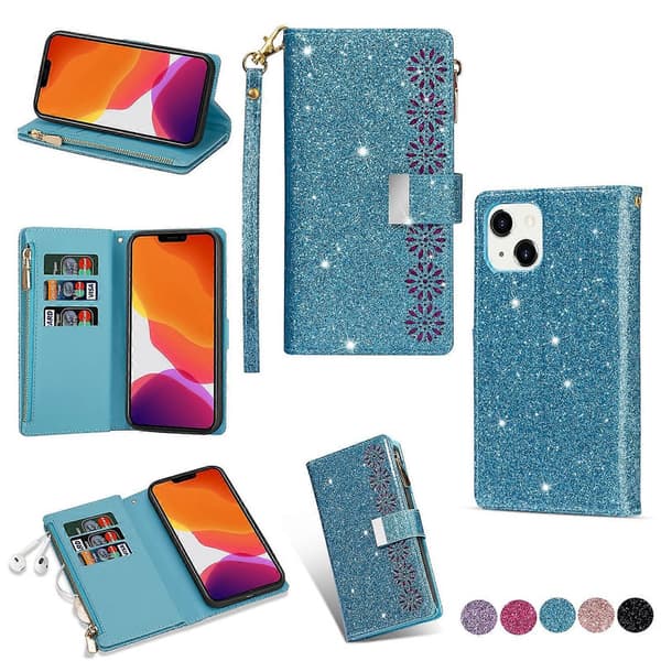 Multi-kort Slots Laser Udskæring Glitter Lynlås Læder Etui Til iPhone 14 Max Sky Blue