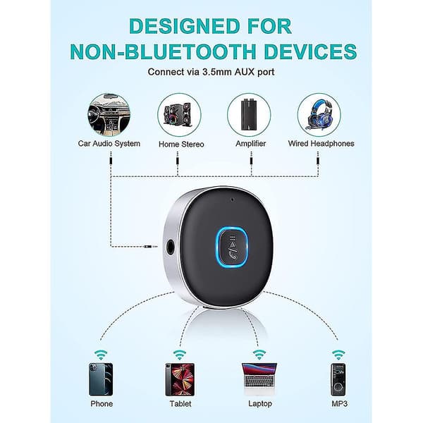 Bluetooth-mottaker 5.0 Mini Aux Bluetooth-biltilpasning for musikkstrømming 12 timers spilletid