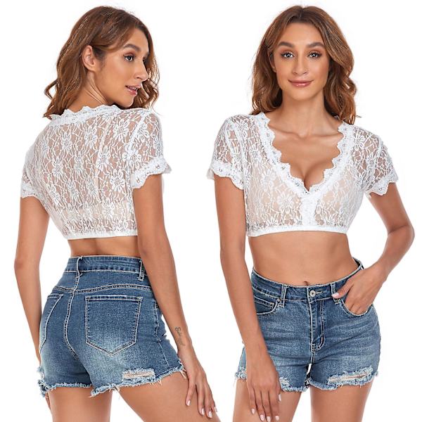 2023 Uudet päivitetyt Dirndl-puserot, Naisten tyylikäs Dirndl-pusero pitsillä, lyhythihainen perinteinen pusero Oktoberfestiin, klassinen Oktoberfest White  short sleeve 40