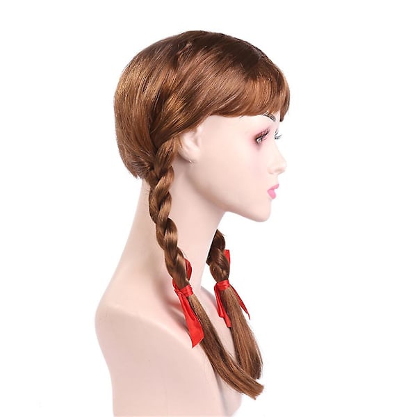 Halloween Annabell skräckdocka kostym peruk för kvinnor lång brun flätad accessoarer cosplay peruker med röda rosetter