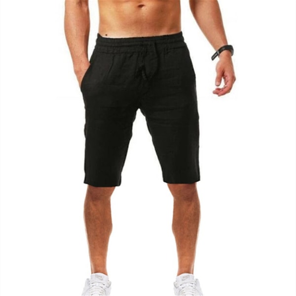 Väljät hengittävät pellavapuuvillashortsit miesten urheiluun ja vapaa-aikaan Black XL