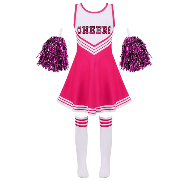 Tyttöjen cheerleading-asu tanssipuku lasten cheerleader-asu pyöreällä pääntiellä tilkkutyylinen tanssimekko kukka ja sukat hot pink 3-4 Years