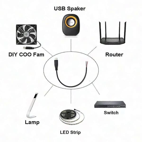 25cm/1m/2m USB-C han til 2-benet åben ende strømkabel 5V 3A 22AWG til LED-lys router ventilator kamera opladere 25cm elbow