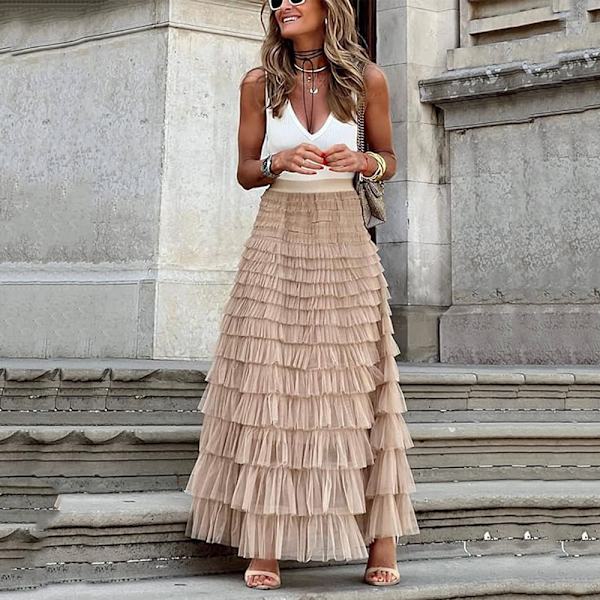 Kvinders Maxi Nederdel Sommer Elastisk Høj Talje A-Linje Casual Kjole Mode Mesh Kage Nederdel Sommer Nederdel Lang Puffy Plisseret Nederdele (M)