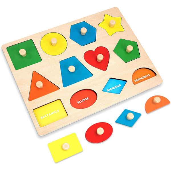 Geometric Shape, Montessori Toy Board Kids Wooden Knob Learning Toy Preschoolers Learning and Educational Blocks Jigsaw Puzzle for Babies