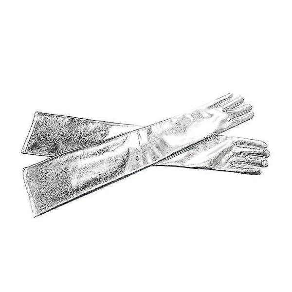 Dam Läder Långa Handskar Cosplay Kostym Handskar Pole Dance Handskar 21\" Silver
