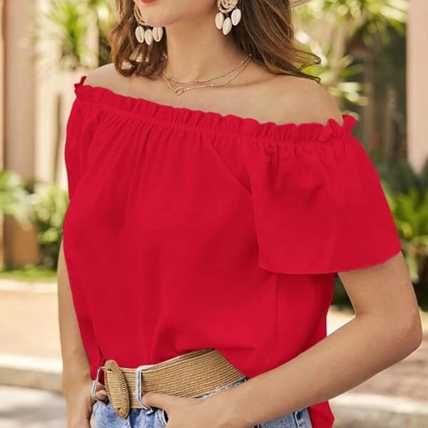 Kvinde Solid Farve Kortærmet Ruffle Trim Off Shoulder Løs Sommer Bluse Rød