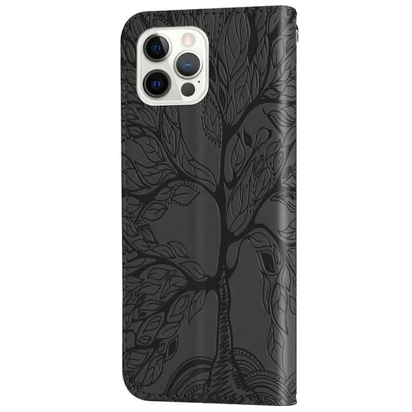 Læder telefoncover med træprægningsmønster til iPhone 14 Plus Black