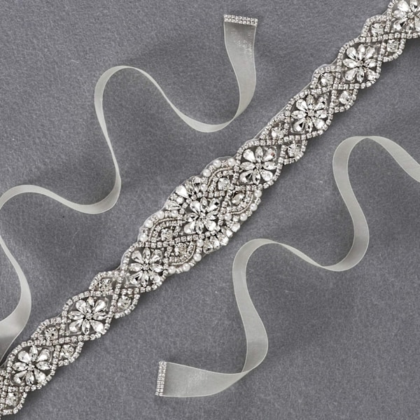 Brudebelte Hånd Rhinestone Bryllupsbelte Klar Krystal 22 Tommer Lang Med Hvid Organza Bånd Til Brudekjole