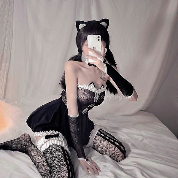 Sort Kitty Cosplay Kostumer Sexet Lingeri Vinter Sort Kjole Djævel Uniform Mesh Hul Temptation Plys Sexet Fishnet Bodysuit