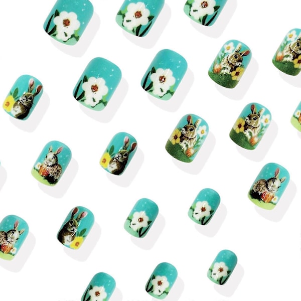 Vårblommor Söta Kaniner Graffiti Himmelsblå Lösnaglar Färdiga Nagelkonst Nagellappar Påsk 24 st