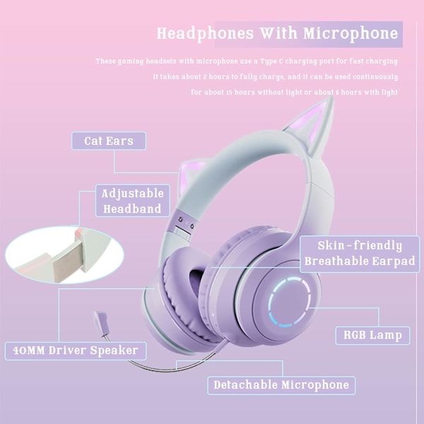 Trådlösa spelheadset via Bluetooth 5,1/3,5 mm AUX-kabel, hopfällbara hörlurar med 7 färger LED-lampor och 4 LED-lägen för flickor, vuxna (violetta)