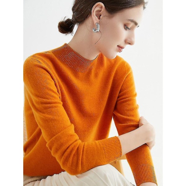 Cashmere tröja för kvinnor 100 % Cashmere Lätt långärmad stickad tröja med rund hals pumpkin L