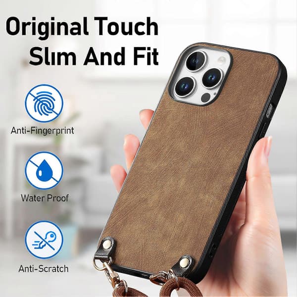 Retro skinndeksel til iPhone 16 Pro med justerbar stropp Brown