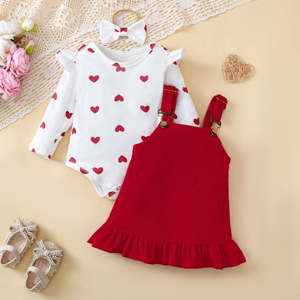 Babyjenteklær Nyfødtkjolesett Langermet blomsterbody Romper Corduroy Overall kjole Spedbarnsantrekk 18-24 Months Red