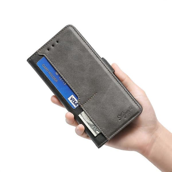 Kontrastfarget side-spenne skinndeksel til iPhone 14 Plus Black Grey