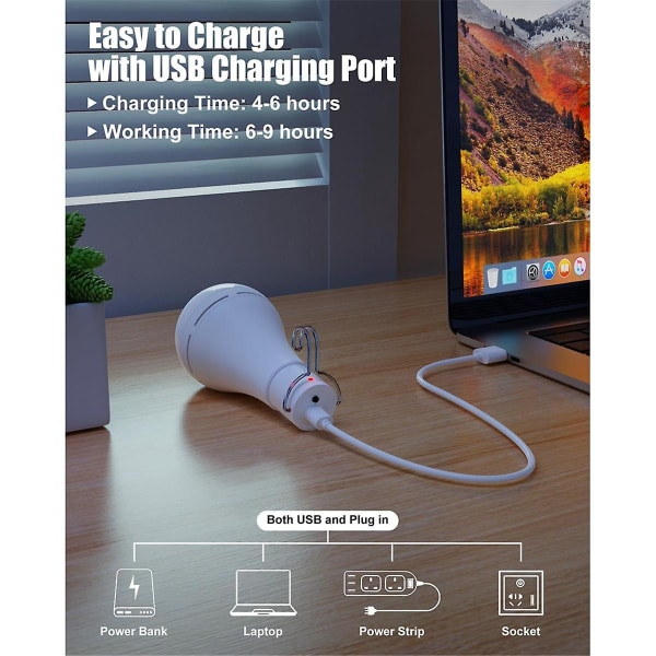 USB oppladbar lyspære, batteribackup nødlyspære for strømbrudd i hjemmet, hengende LED White