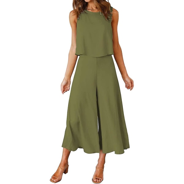 Roylamp Women's Summer 2-delade outfits Rundhalsad Crop Basic Top Beskuren Byxa Set med vida ben Jumpsuits Olive Green X-Small