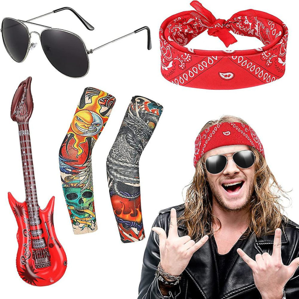 1980-tallet Metal Rocker Rockstar Rock N Roll kostyme 70-tallet 80-talls festtilbehør Sett Pannebånd Tatoveringsmansjetthansker Punkarmbånd 7 Pieces